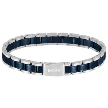 Ανδρικό βραχιόλι Boss 1580664 ατσάλινο με ασημί-μπλε μπρασελέ.